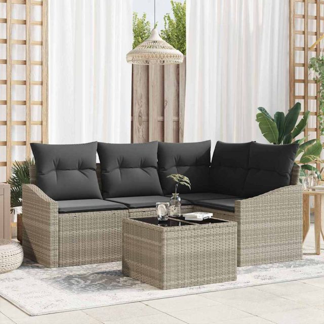 vidaXL Sofa Set mit Kissen 5 pcs Hellgrau Poly-Rattan