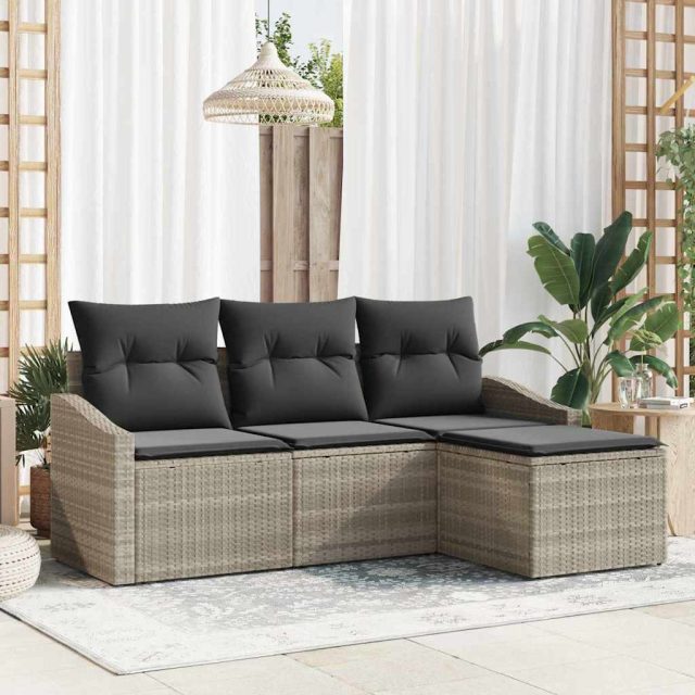 vidaXL Sofa Set mit Kissen 4 pcs Hellgrau Poly Rattan