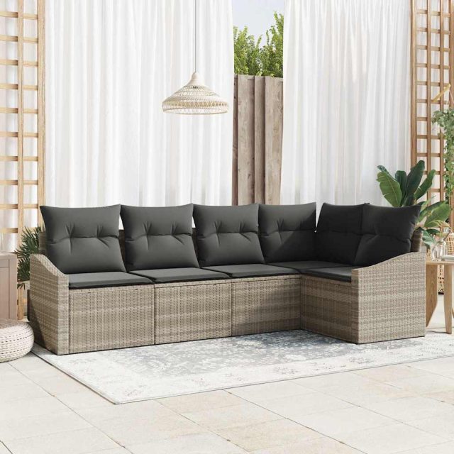 vidaXL Sofa Set mit Kissen 5 pcs Hellgrau Poly-Rattan