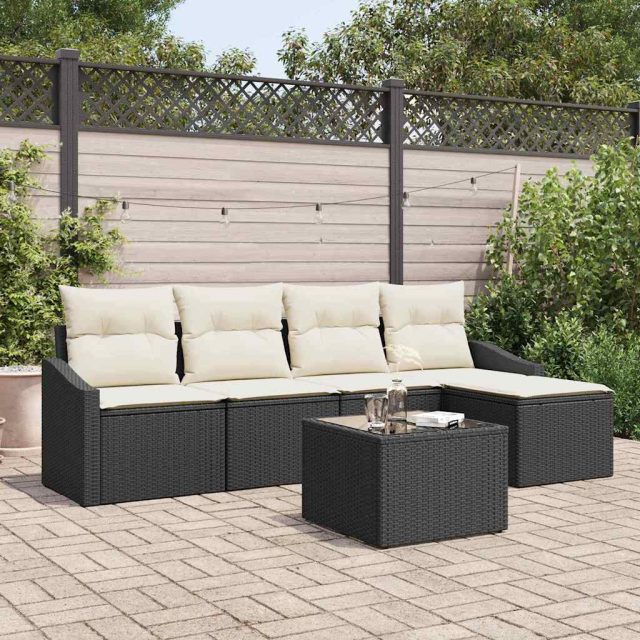 vidaXL Sofa Set mit Kissen 6 pcs Schwarz Poly Rattan