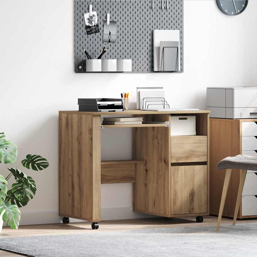 vidaXL Tisch mit Rädern Artisan-Eiche Holzwerkstoff 91 x 50 x 77 cm