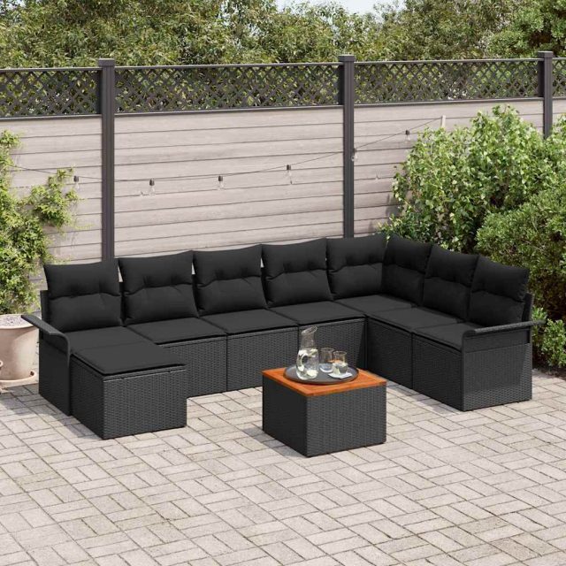 vidaXL Gartensofa-set mit Kissen 9 pcs Schwarz Poly-Rattan