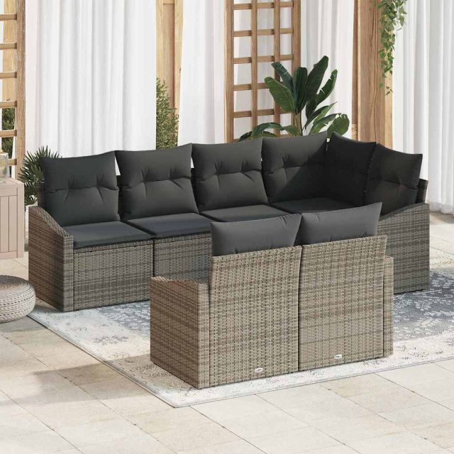 vidaXL Sofa Set mit Kissen 7 pcs Grau Poly Rattan