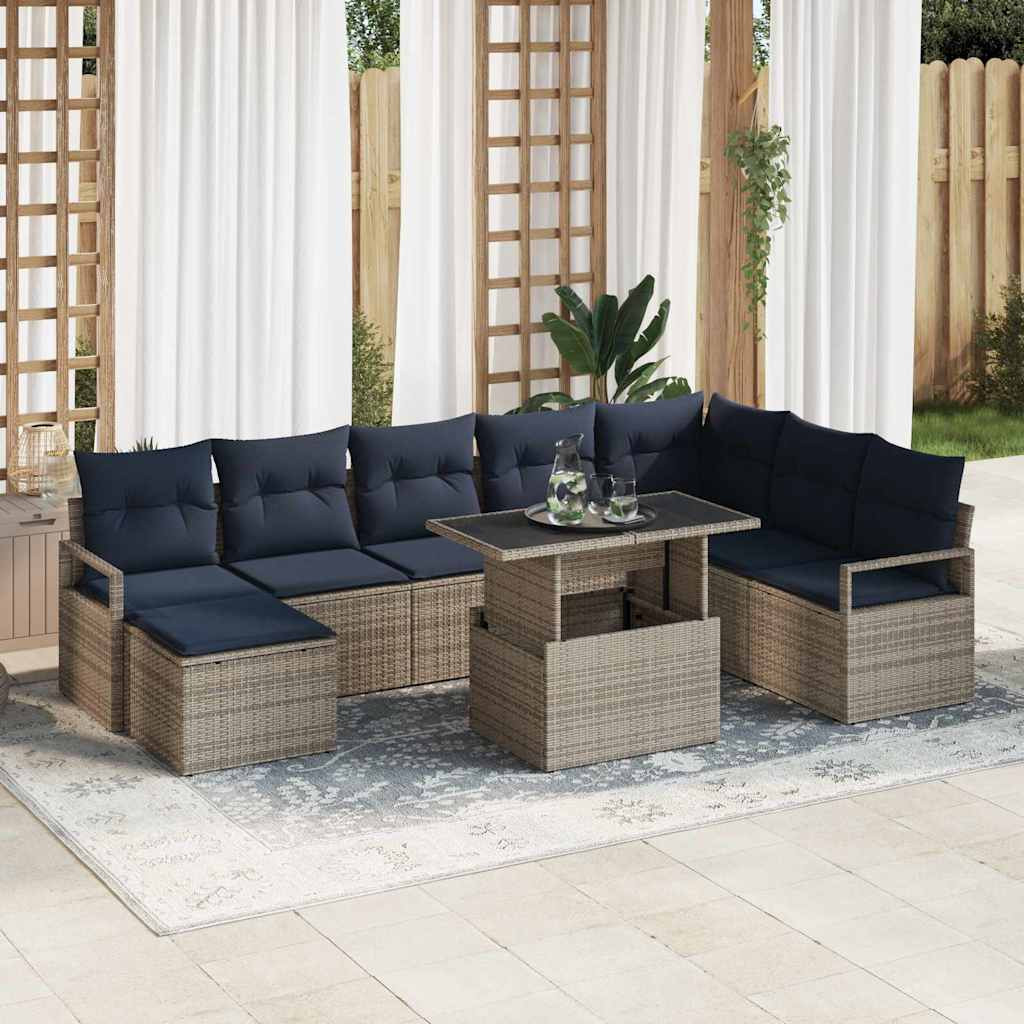 vidaXL Garten-Sofa-Set mit Kissen 9 pcs Grau und Marineblau