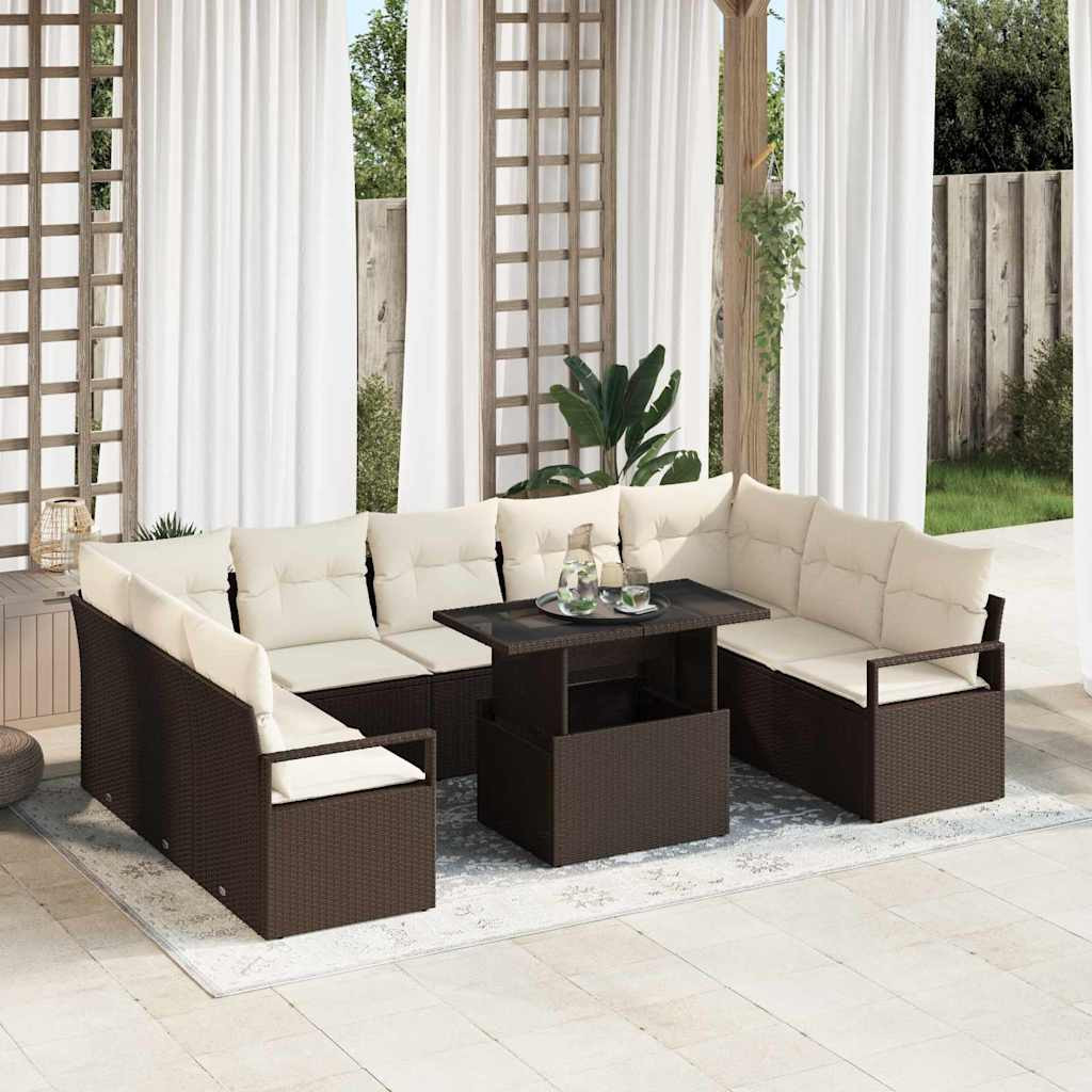 vidaXL Garten-Sofa-Set mit Kissen 10 pcs Braun und Creme Poly-Rattan