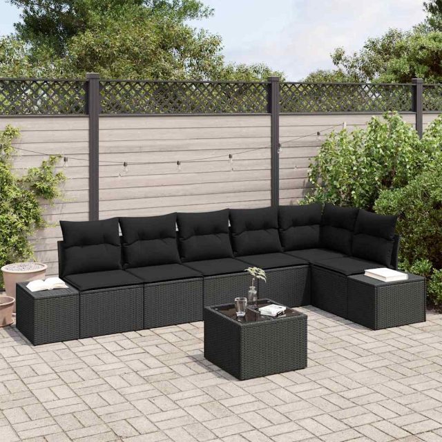 vidaXL Gartensofa-set mit Kissen 7 pcs Schwarz Poly-Rattan