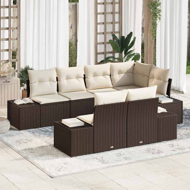 vidaXL Gartensofa-set mit Kissen 7 pcs Braun und Creme Poly-Rattan