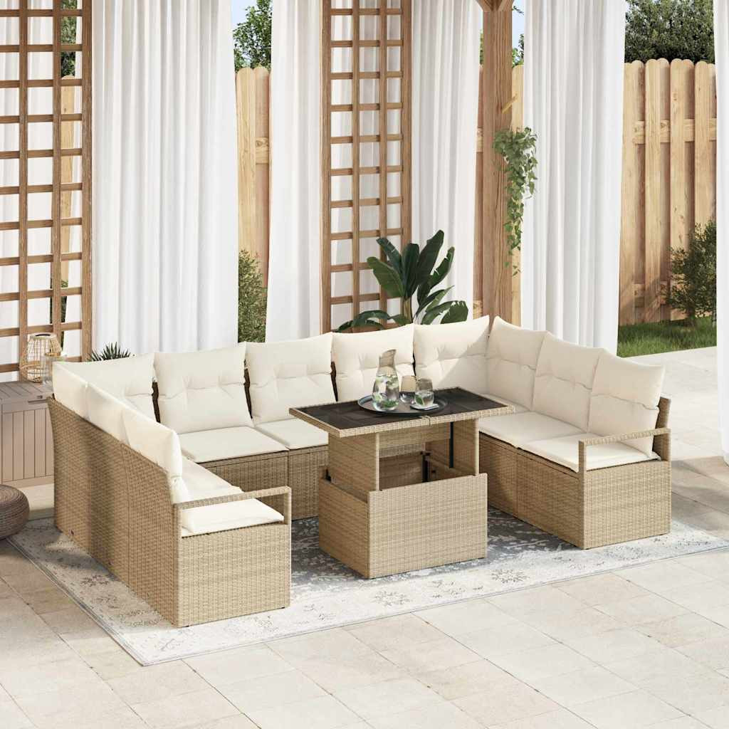 vidaXL Garten-Sofa-Set mit Kissen 10 pcs Beige und Creme Poly-Rattan