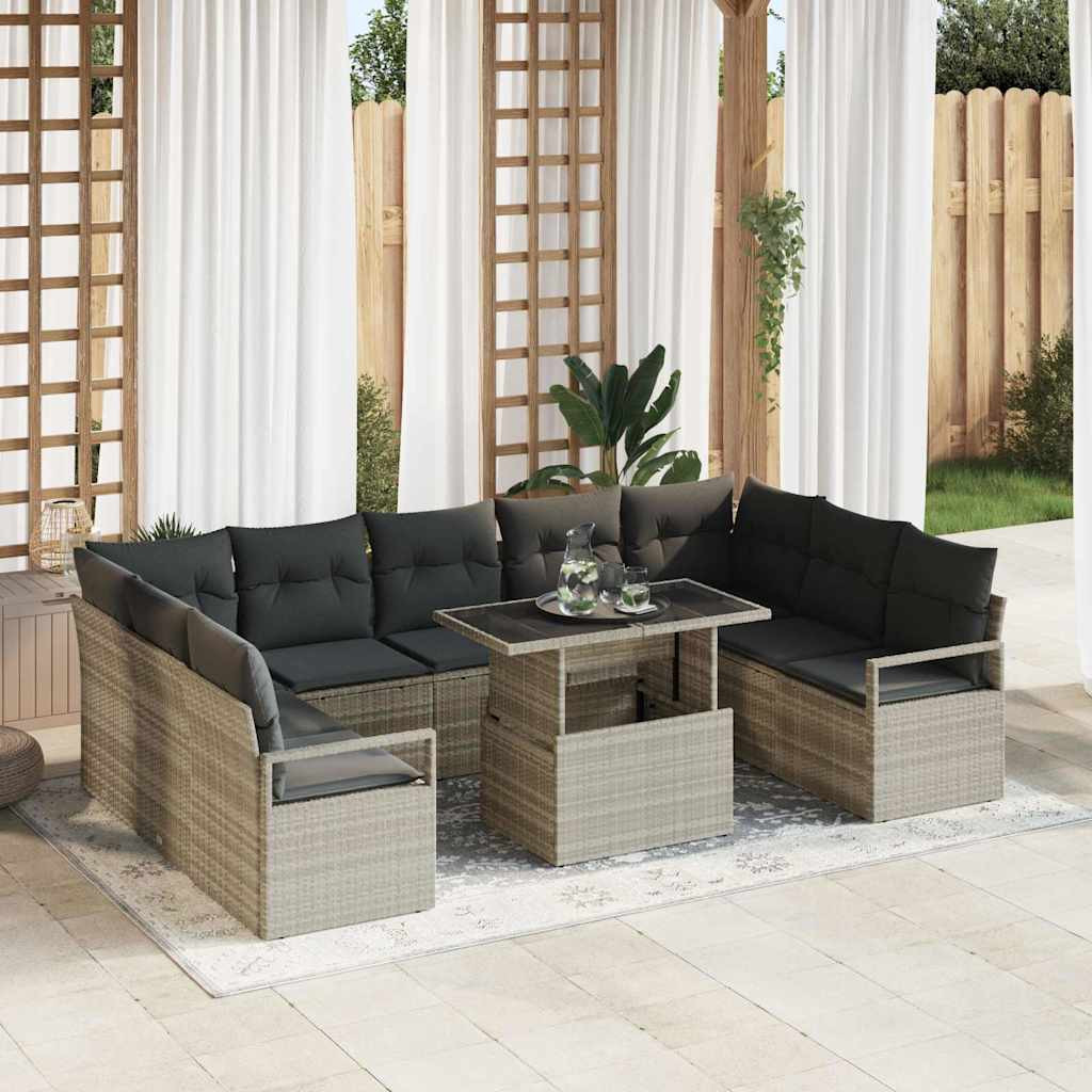 vidaXL Garten-Sofa-Set mit Kissen 10 pcs Hellgrau Poly-Rattan