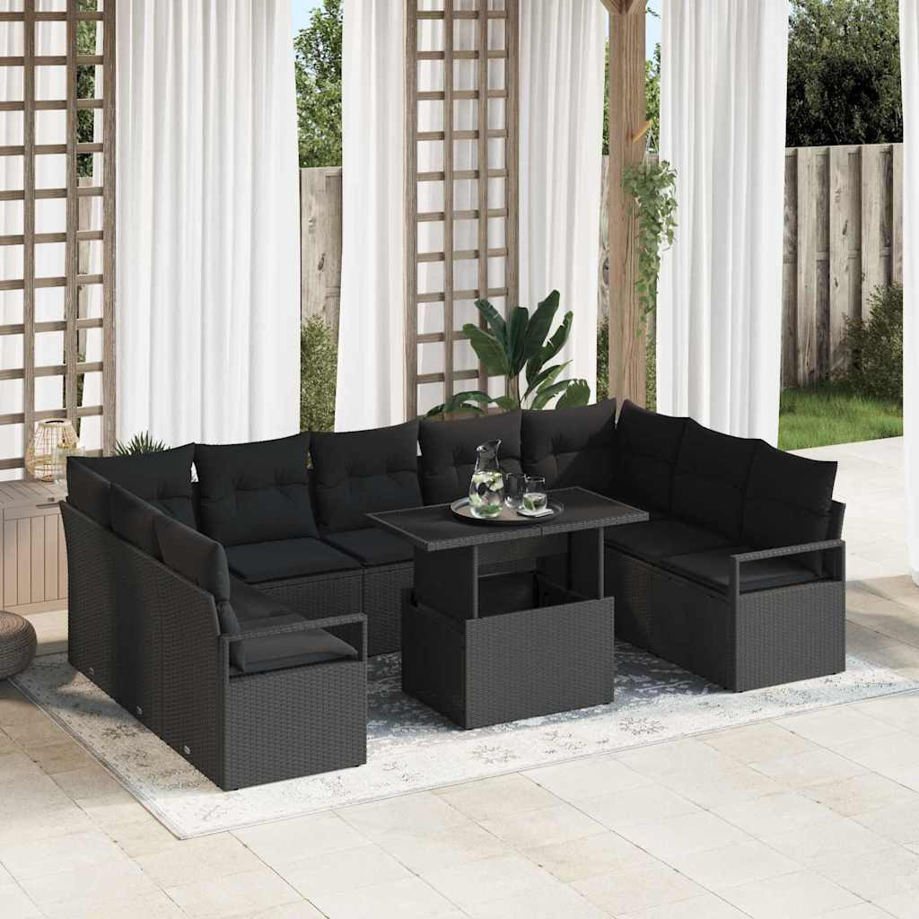 vidaXL Garten-Sofa-Set mit Kissen 10 pcs Schwarz Poly-Rattan