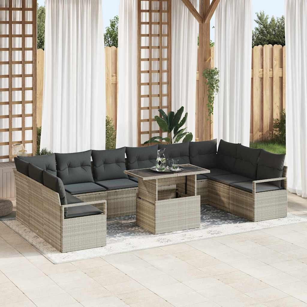 vidaXL Garten-Sofa-Set mit Kissen 11 pcs Hellgrau Poly-Rattan