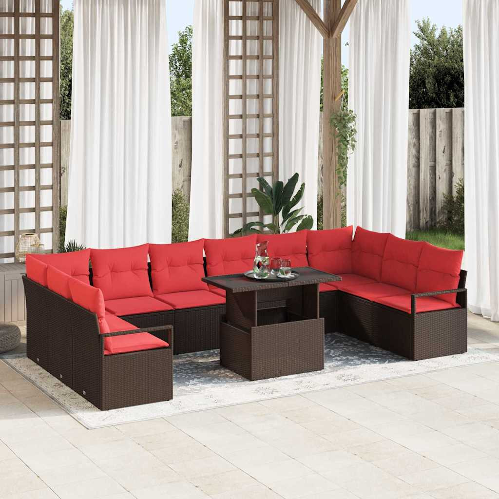vidaXL Garten-Sofa-Set mit Kissen 11 pcs Braun und Rot Poly-Rattan