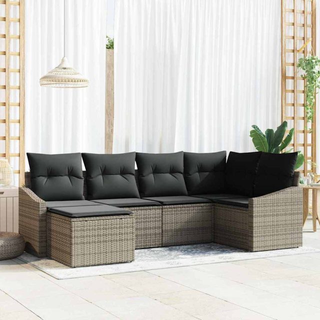 vidaXL Sofa Set mit Kissen 6 pcs Grau Poly-Rattan