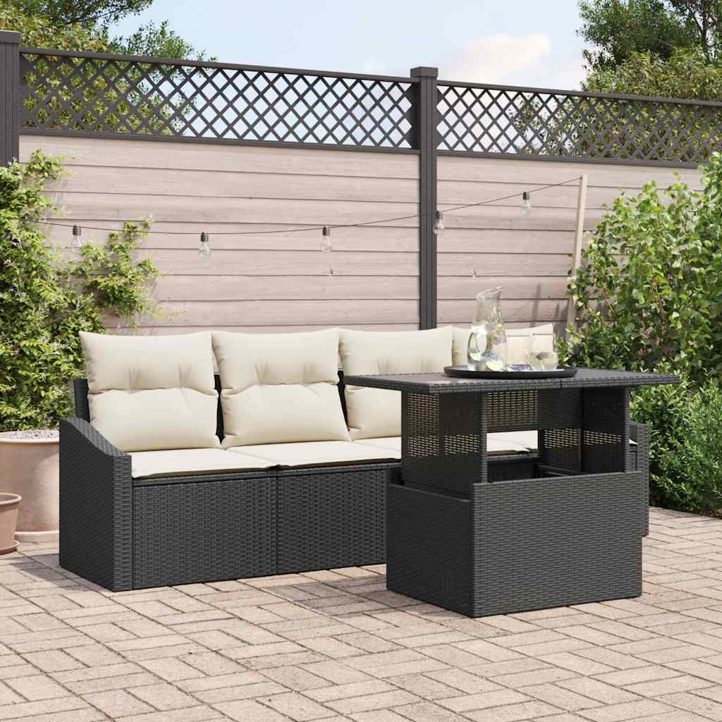 vidaXL Garten-Sofa-Set mit Kissen 5 pcs Schwarz und Creme Poly-Rattan