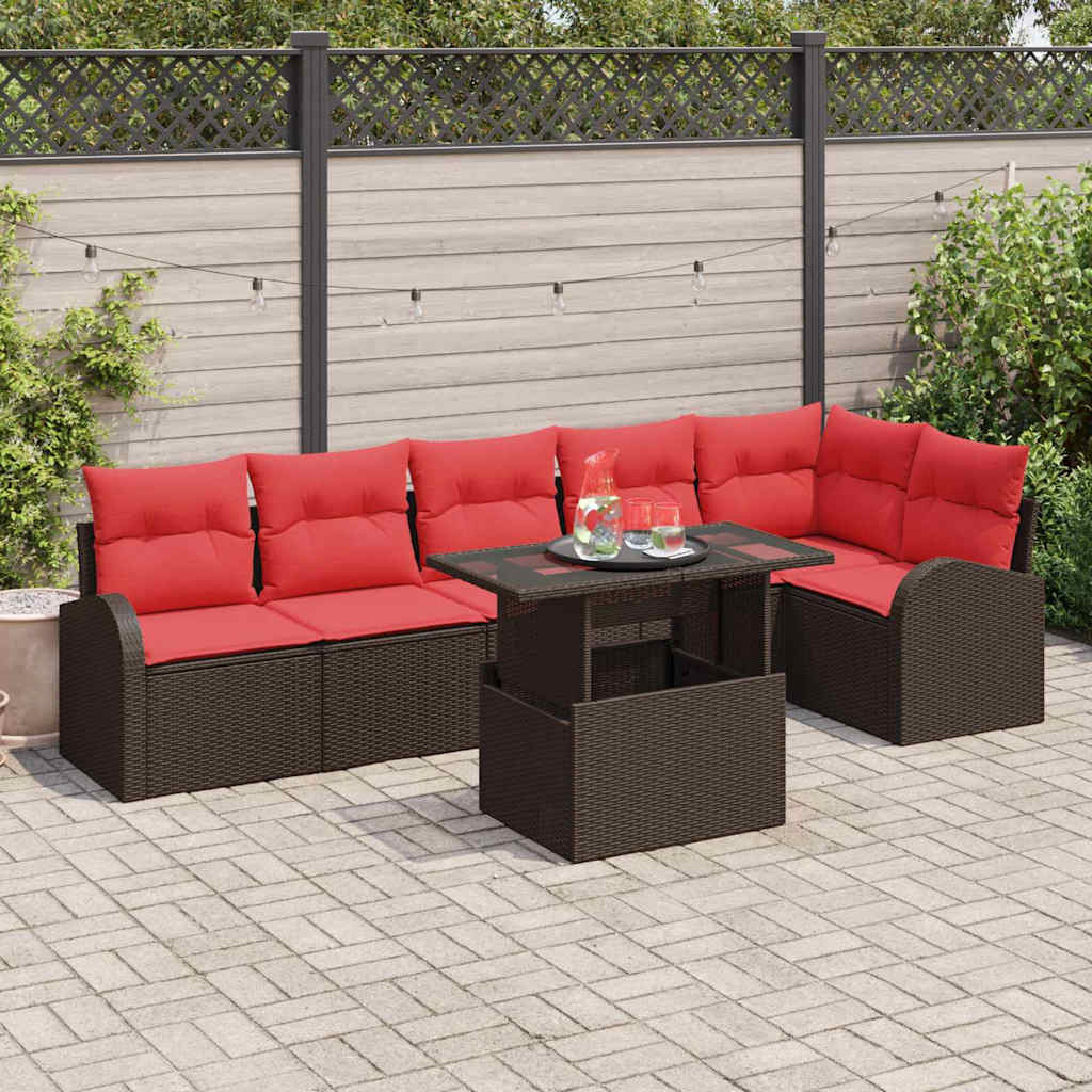 vidaXL Gartensofa-set mit Speicher 7 pcs Braun und Rot Poly-Rattan