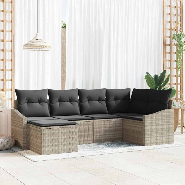 vidaXL Sofa Set mit Kissen 6 pcs Hellgrau Poly-Rattan