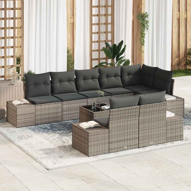 vidaXL Gartensofa-set mit Kissen 9 pcs Grau Poly-Rattan