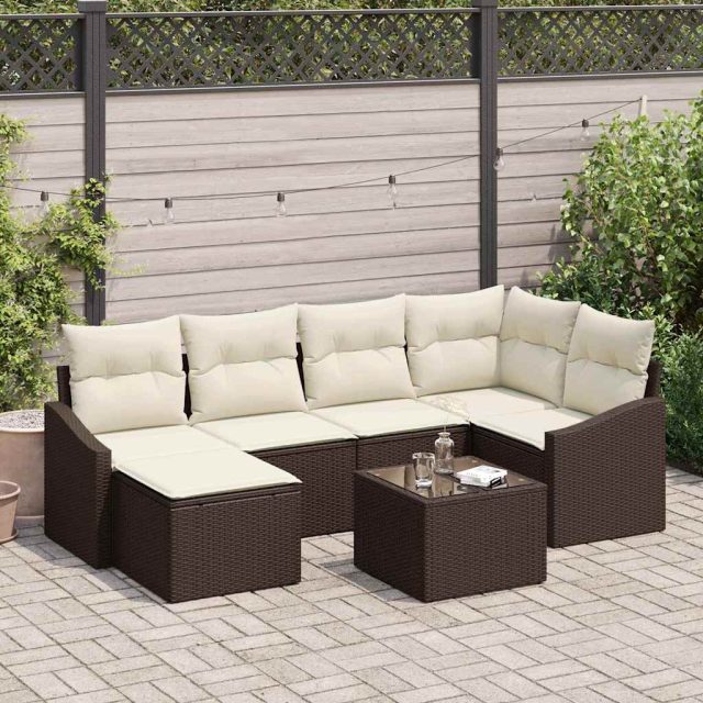 vidaXL Sofa Set mit Kissen 7 pcs Braun Poly Rattan