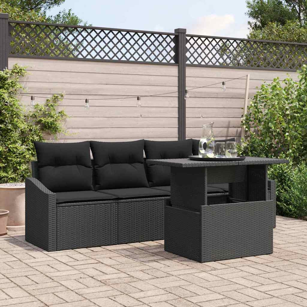 vidaXL Garten-Sofa-Set mit Kissen 5 pcs Schwarz Poly-Rattan