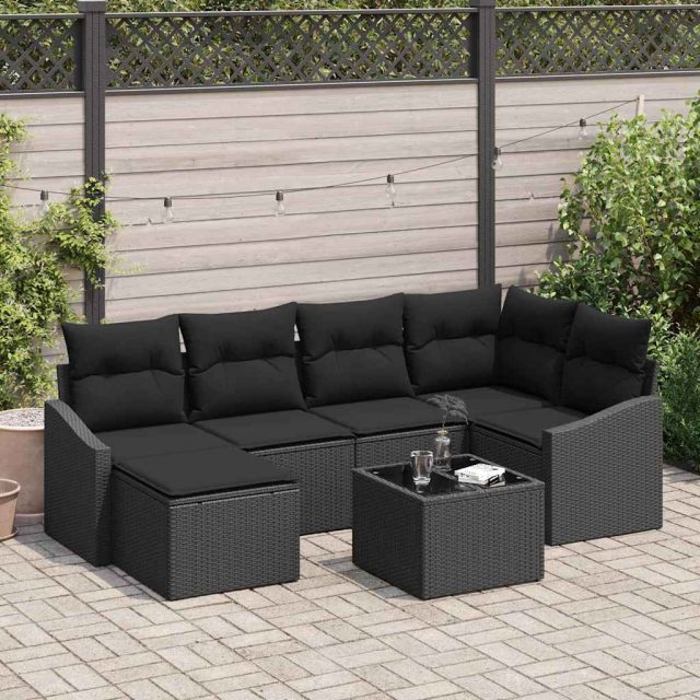 vidaXL Sofa Set mit Kissen 7 pcs Schwarz Poly Rattan