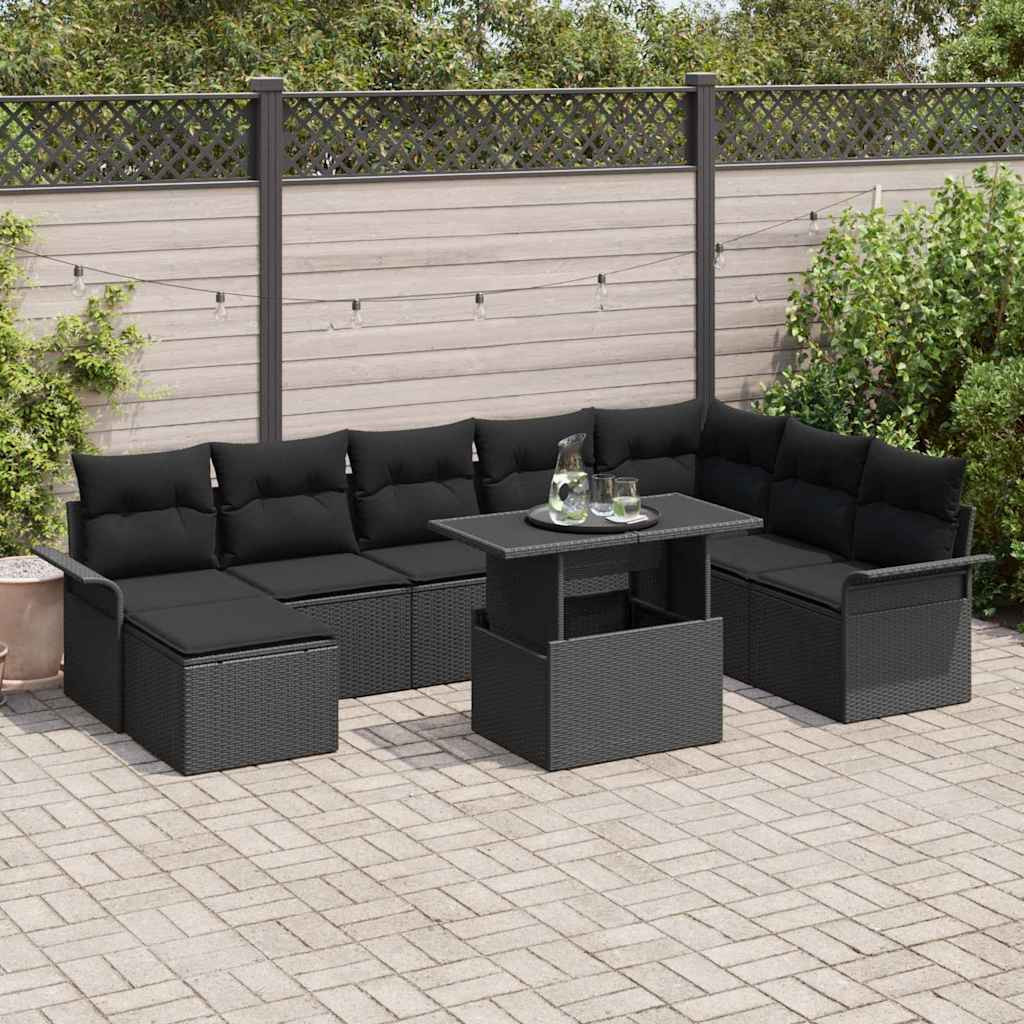 vidaXL Sofa Set mit Kissen 9 pcs Schwarz Poly-Rattan