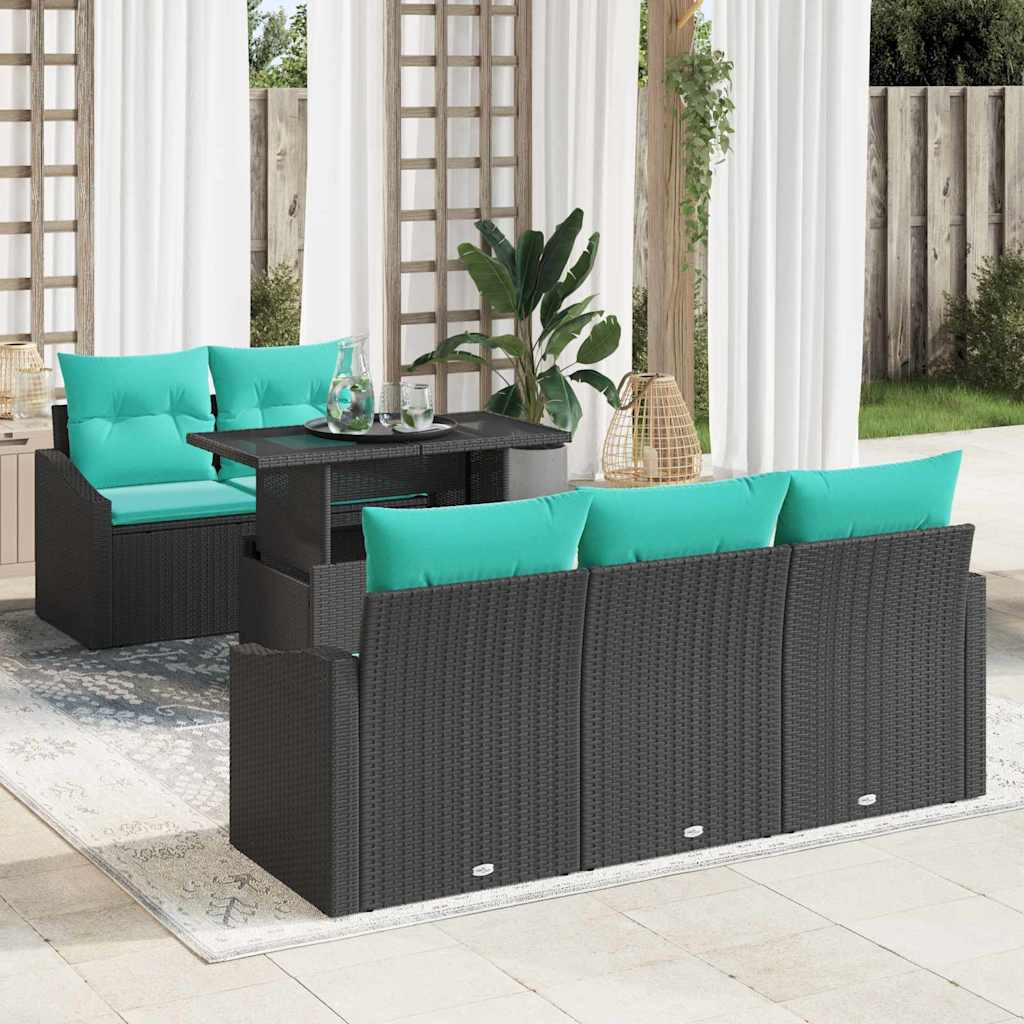 vidaXL Garten-Sofa-Set mit Kissen 6 pcs Schwarz und Blau Poly-Rattan