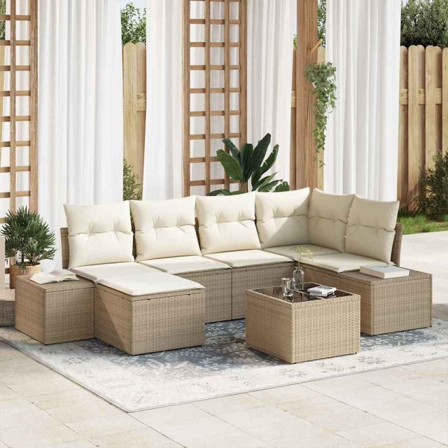 vidaXL Gartensofa-set mit Kissen 7 pcs Beige und Creme Poly-Rattan