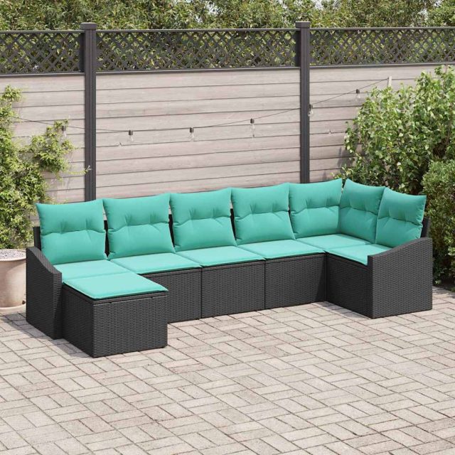 vidaXL Sofa Set mit Kissen 7 pcs Schwarz Poly-Rattan