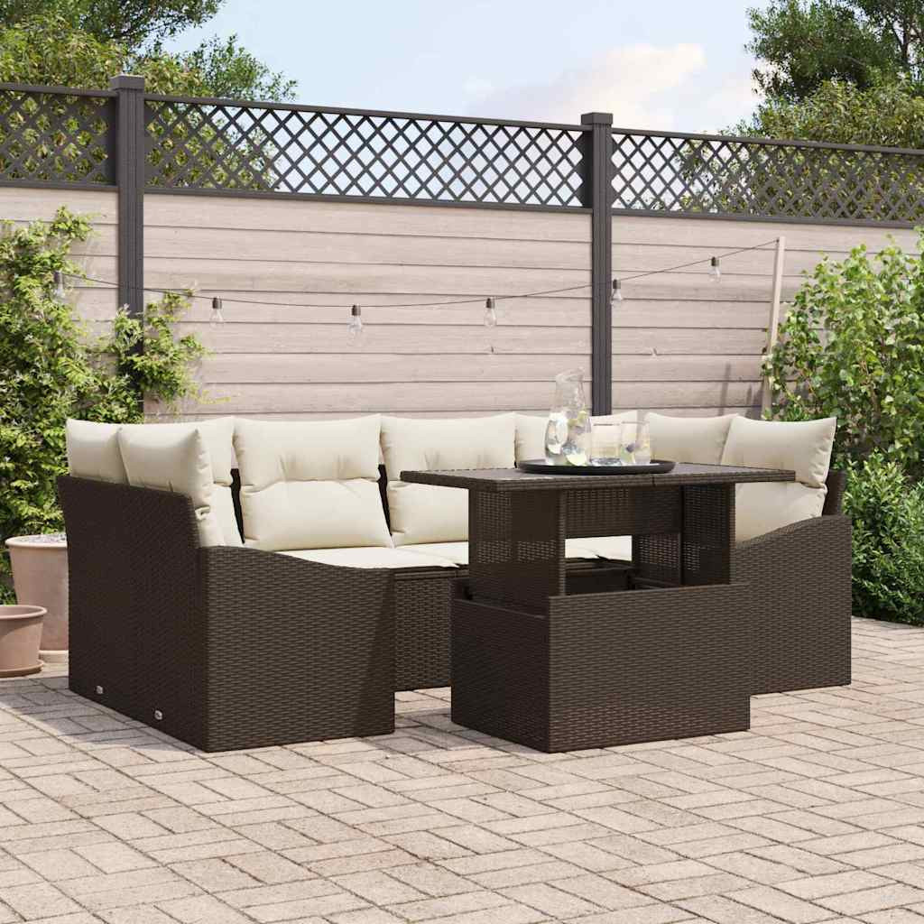 vidaXL Garten-Sofa-Set mit Kissen 7 pcs Braun und Creme Poly-Rattan