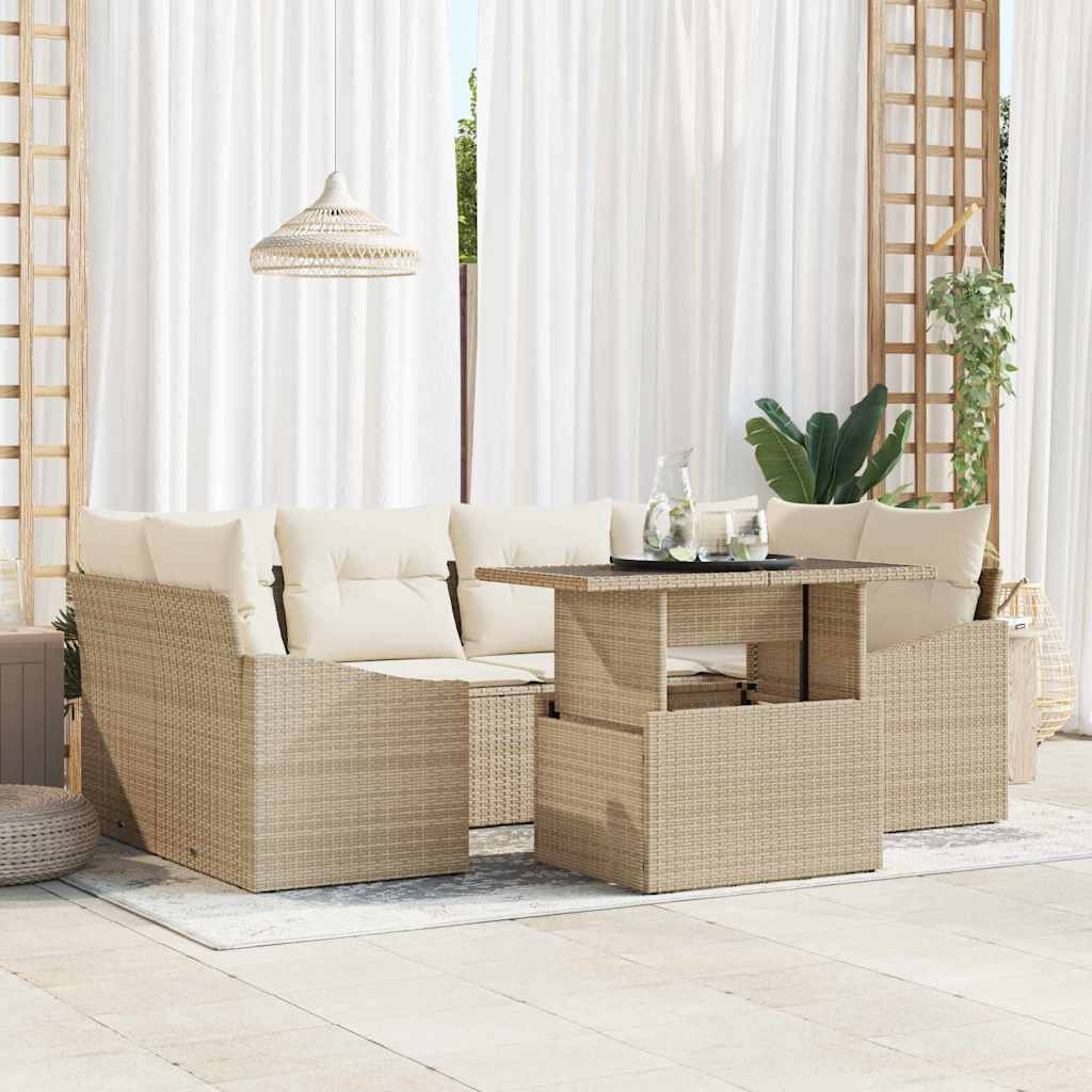 vidaXL Garten-Sofa-Set mit Kissen 7 pcs Beige und Creme Poly-Rattan