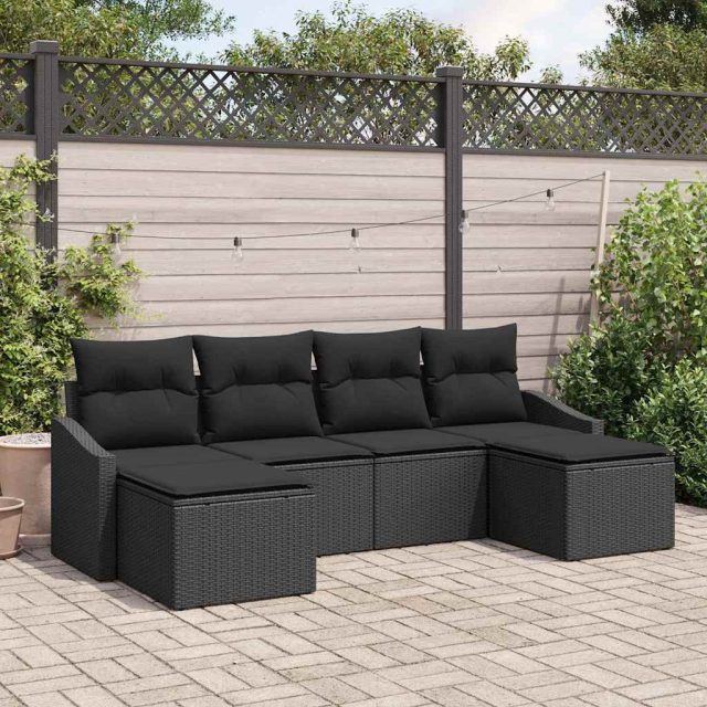 vidaXL Sofa Set mit Kissen 6 pcs Schwarz Poly-Rattan