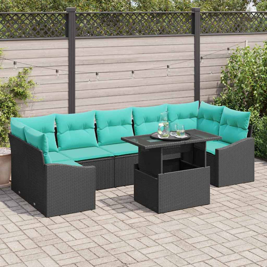 vidaXL Gartensofa-set mit Kissen 8 pcs Schwarz und Blau Poly-Rattan