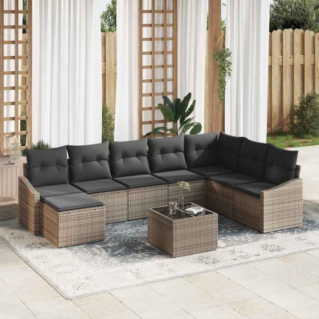 vidaXL Sofa Set mit Kissen 9 pcs Grau Poly Rattan