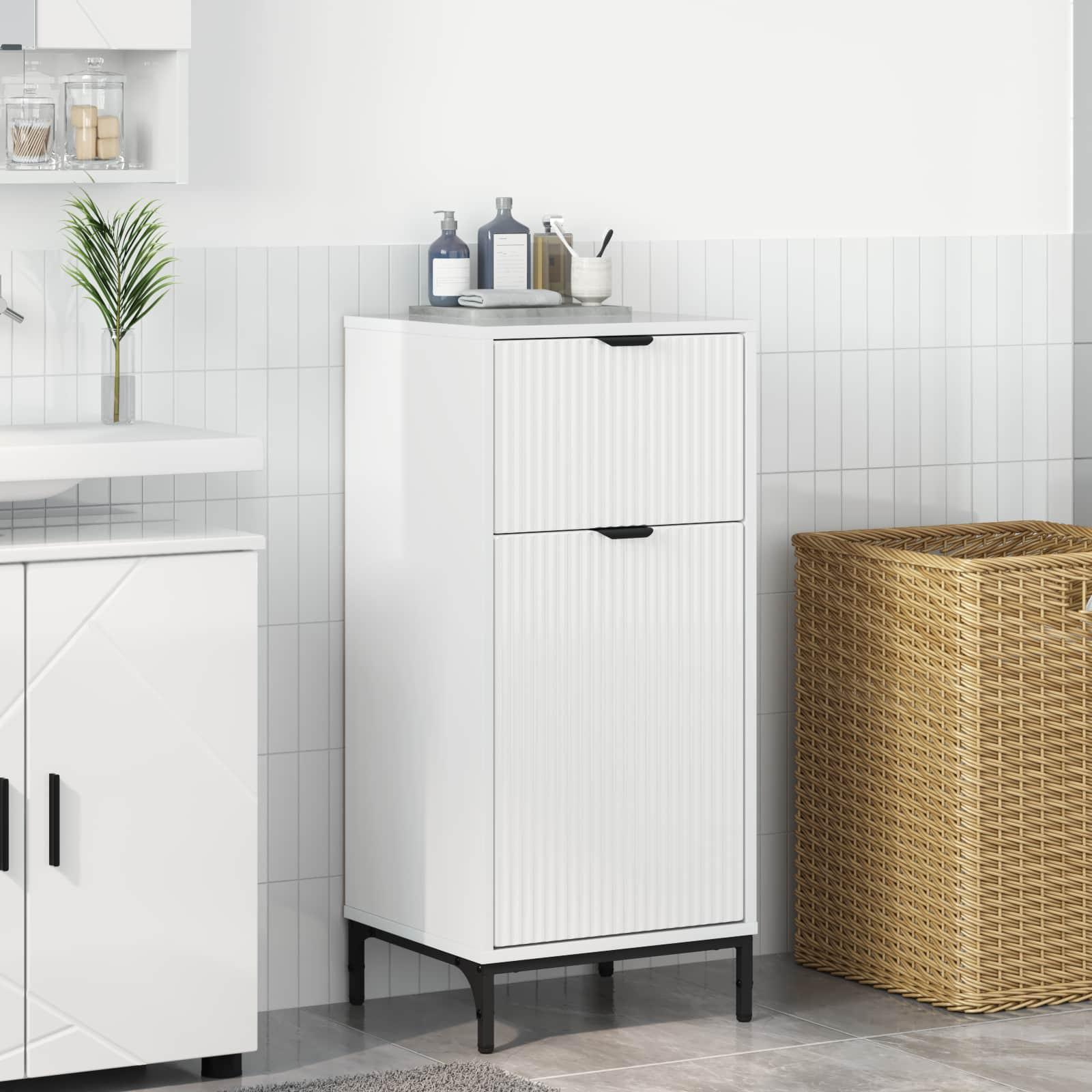 vidaXL Badezimmerschrank mit Speicher Hochglanz Weiß 39,5 x 36 x 88 cm