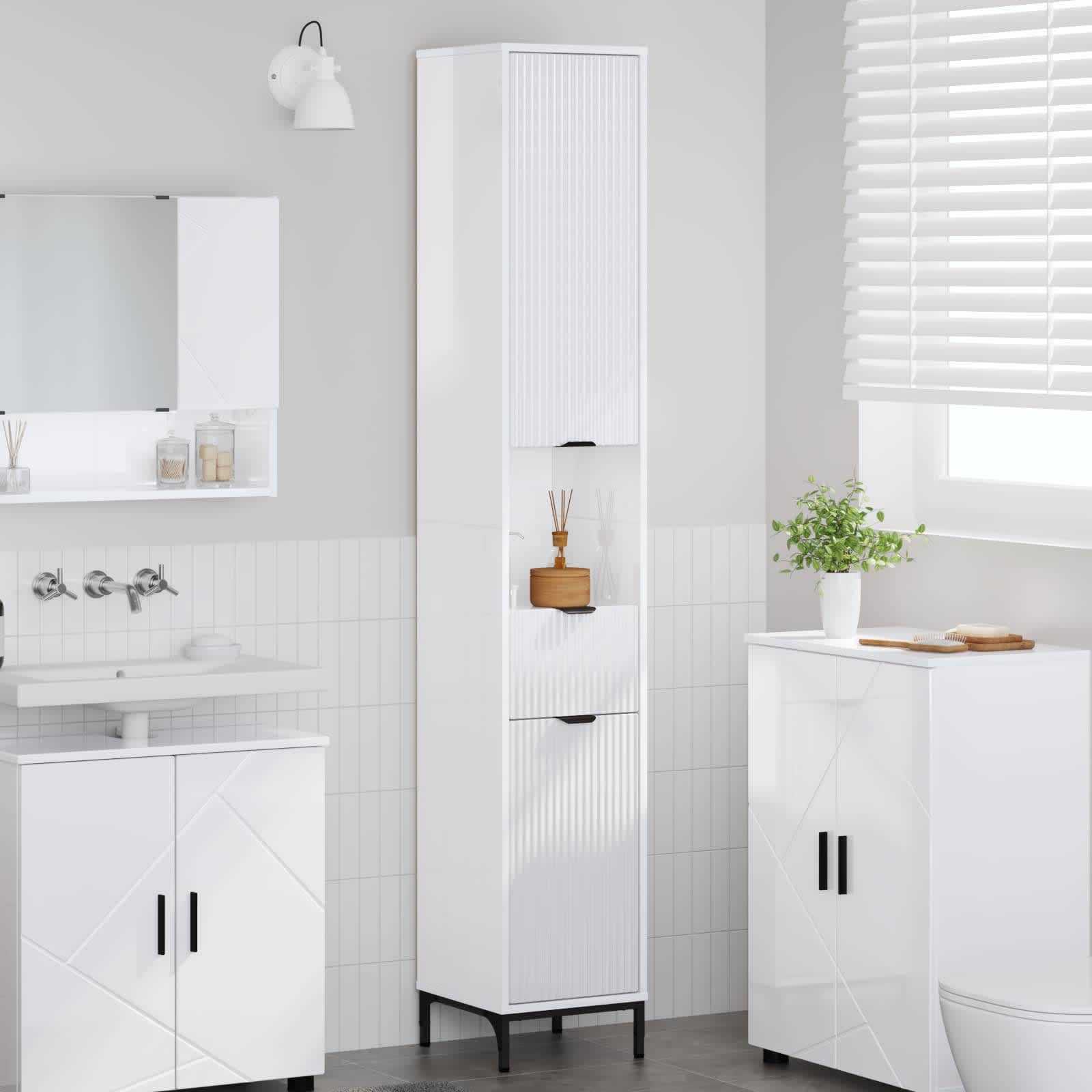 vidaXL Badezimmerschrank mit Tür Hochglanz Weiß 31,5 x 33 x 190 cm