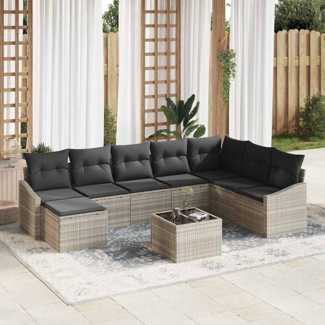 vidaXL Sofa Set mit Kissen 9 pcs Hellgrau Poly-Rattan