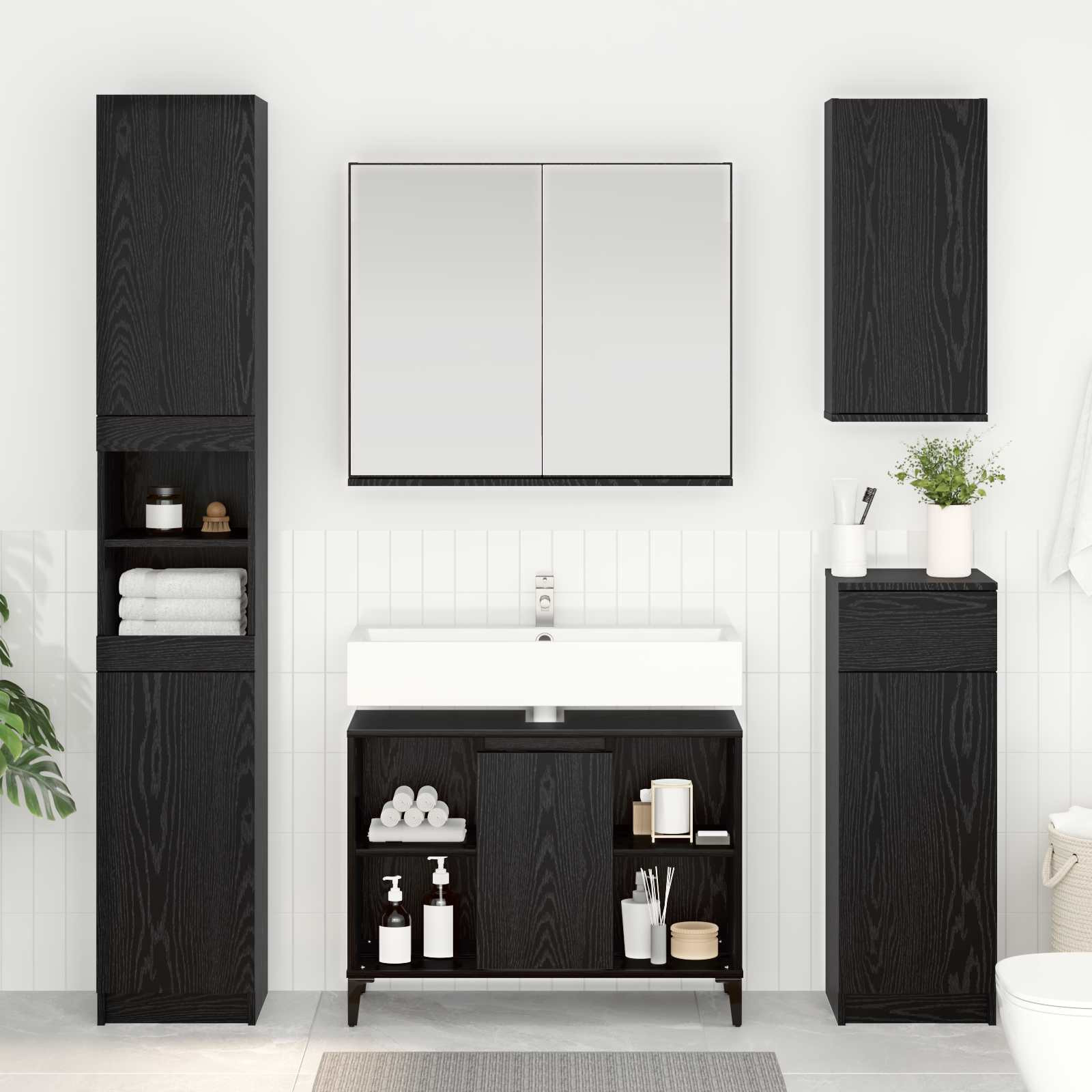vidaXL Waschbeckenunterschrank Schwarz Eichen-Optik 80 x 33 x 60 cm