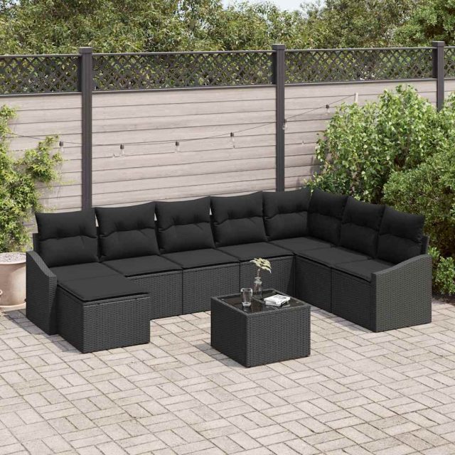 vidaXL Sofa Set mit Kissen 9 pcs Schwarz Poly-Rattan