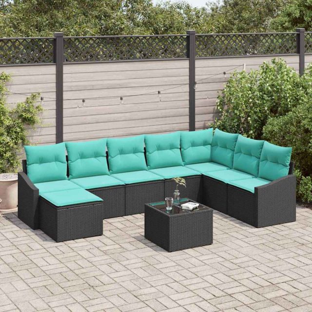 vidaXL Sofa Set mit Kissen 9 pcs Schwarz Poly Rattan