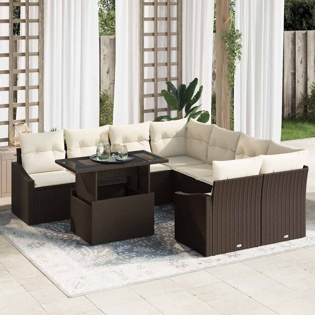 vidaXL Gartensofa-set mit Kissen 9 pcs Braun und Creme Poly-Rattan