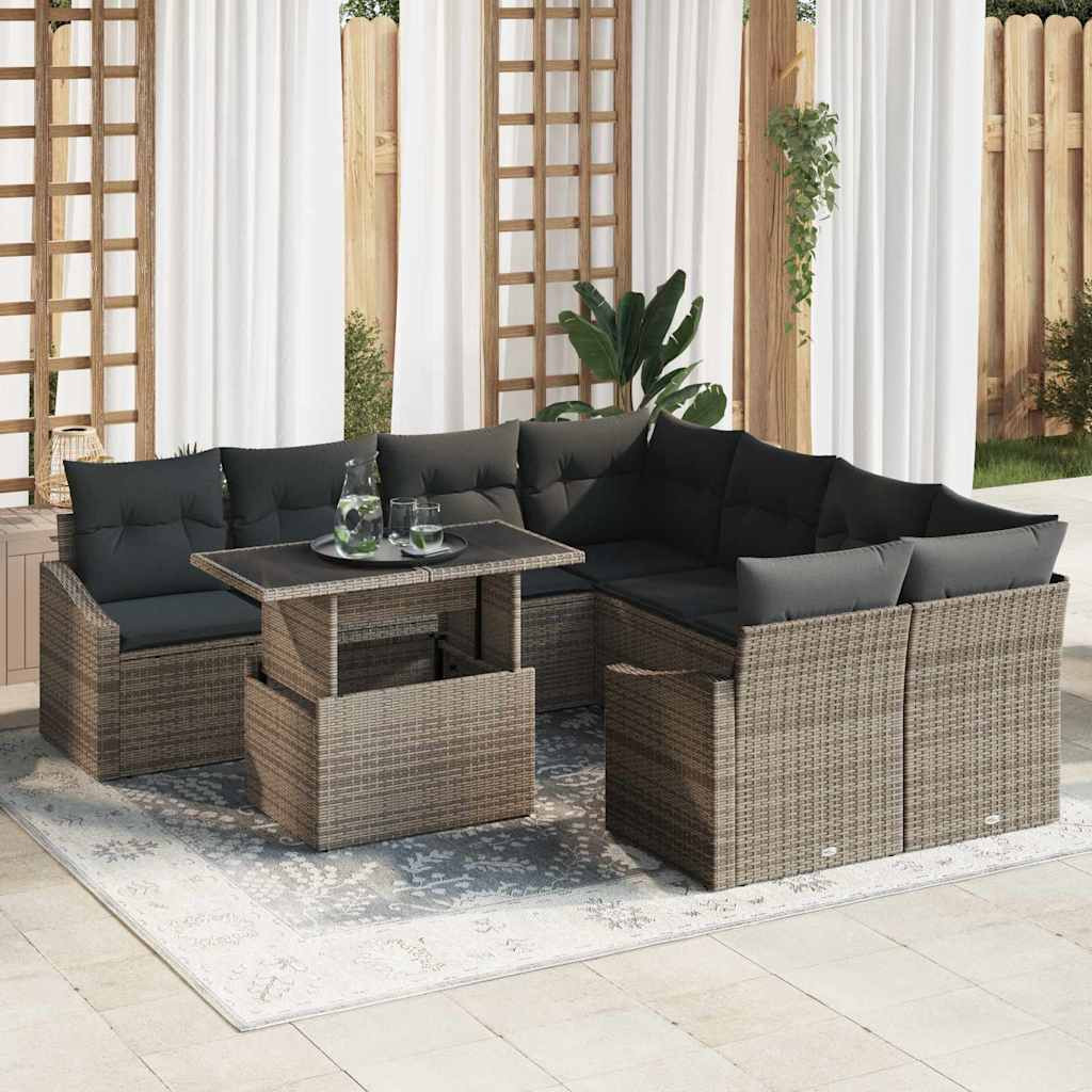 vidaXL Gartensofa-set mit Kissen 9 pcs Grau Poly-Rattan