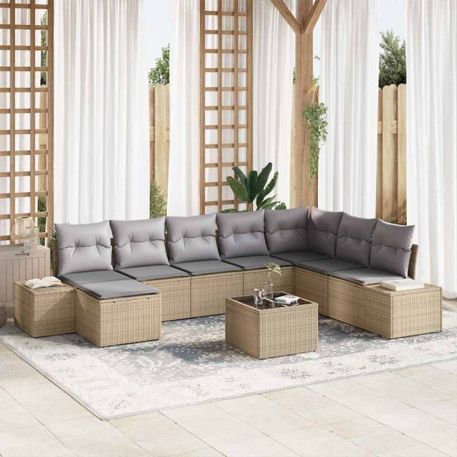 vidaXL Gartensofa-set mit Kissen 9 pcs Beige Poly-Rattan