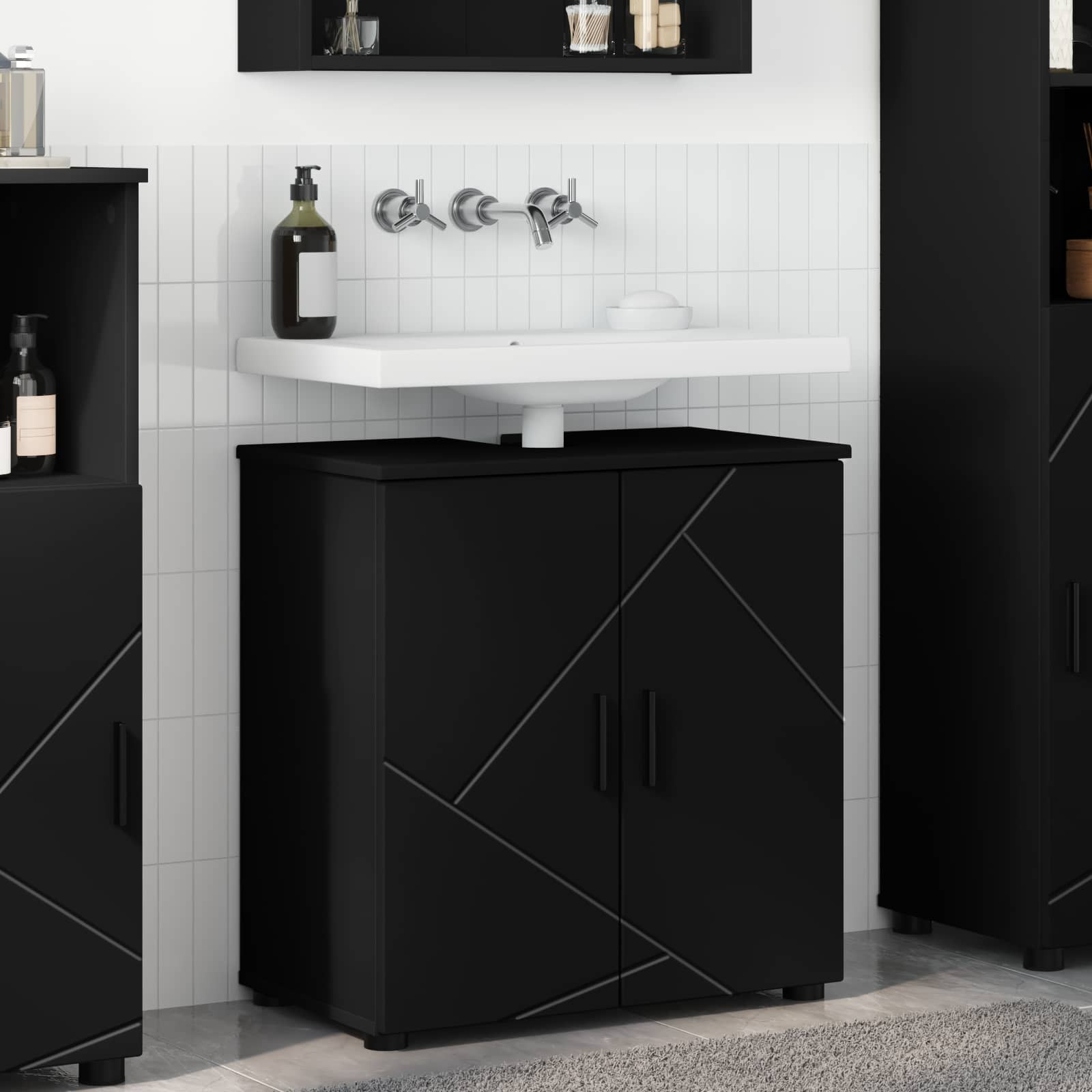 vidaXL Badezimmerschrank mit Speicher mit Tür Schwarz 61 x 35 x 64 cm