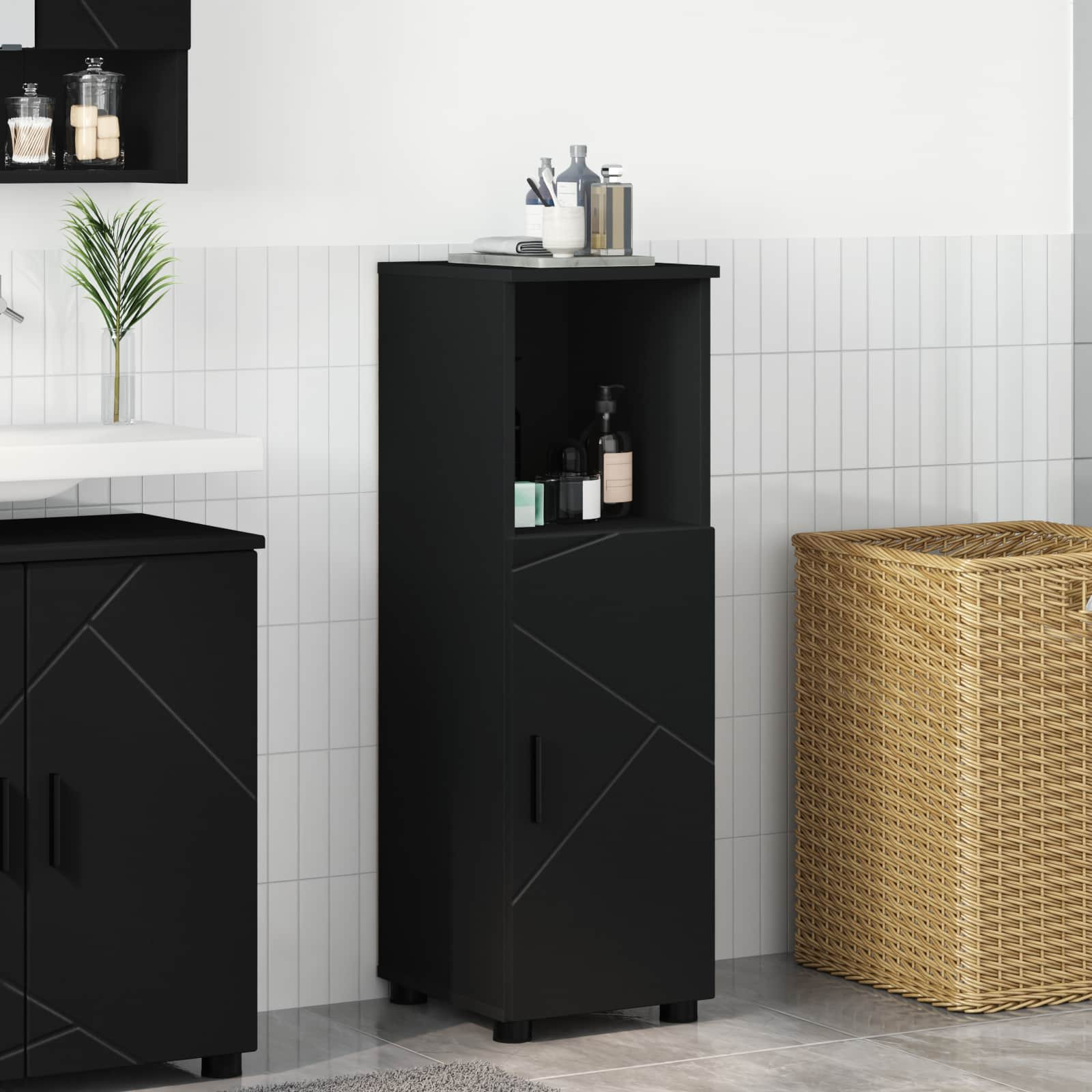 vidaXL Badezimmerschrank mit Speicher mit Tür Schwarz 30 x 35 x 95 cm
