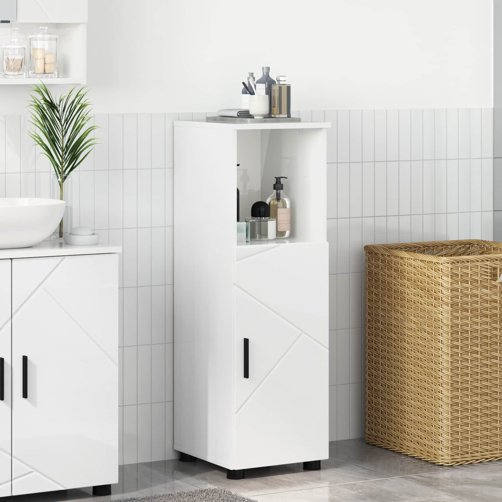 vidaXL Badezimmerschrank mit Speicher Hochglanz Weiß 30 x 35 x 95 cm