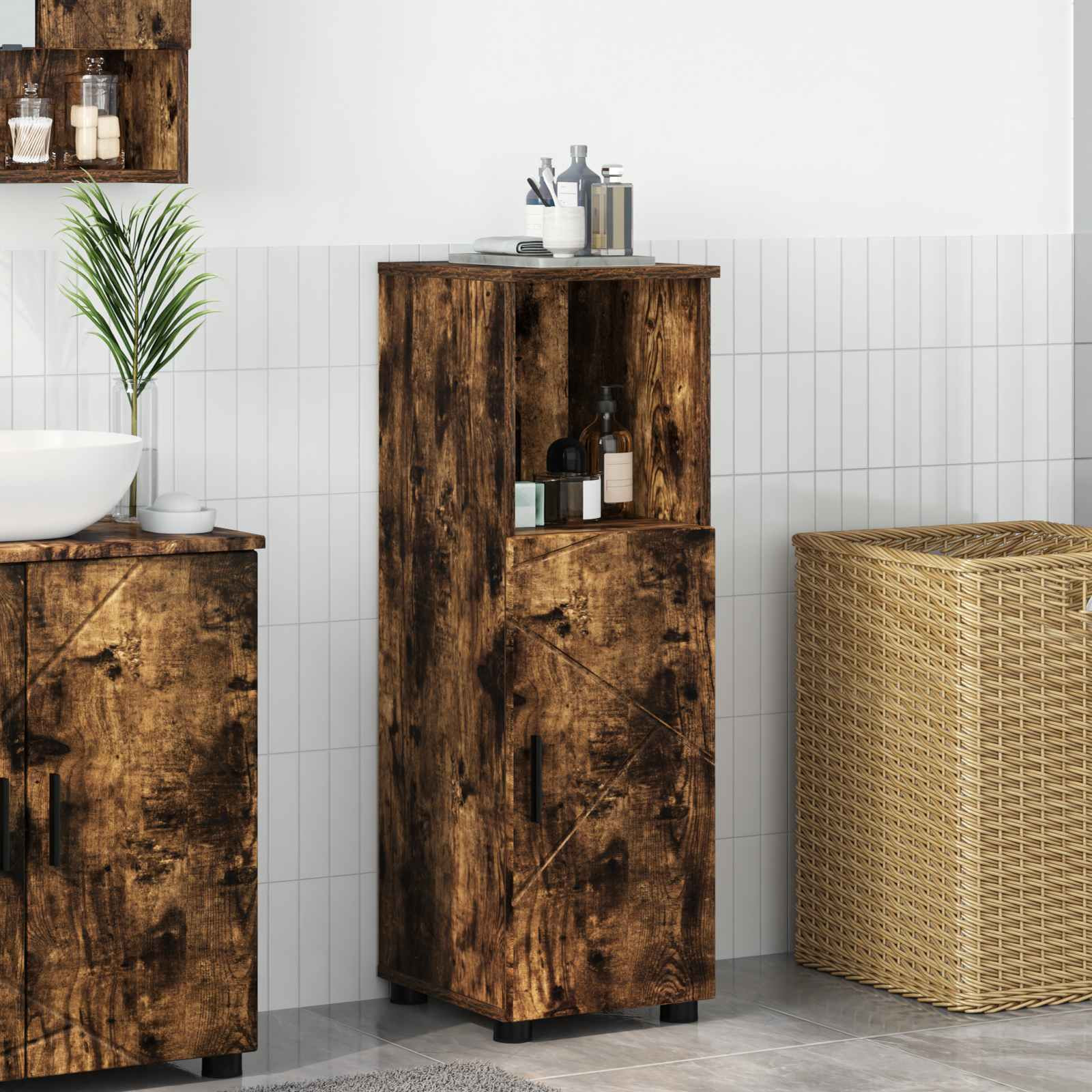 vidaXL Badezimmerschrank mit Tür Geräucherte Eiche 30 x 35 x 95 cm