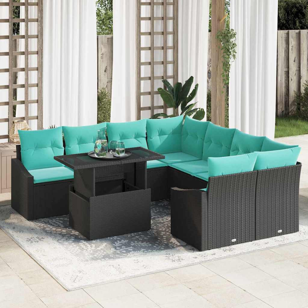 vidaXL Garten-Sofa-Set mit Kissen 9 pcs Schwarz und Blau Poly-Rattan