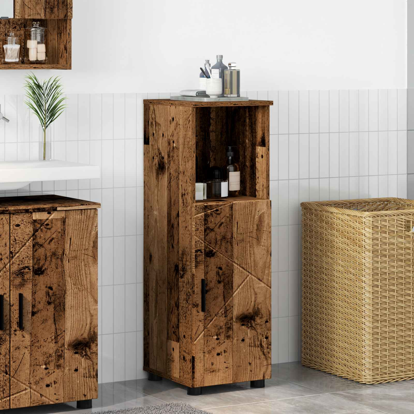 vidaXL Badezimmerschrank mit Speicher mit Tür Altholz 30 x 35 x 95 cm