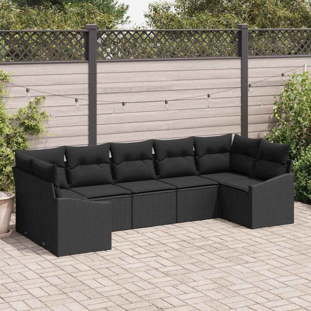 vidaXL Sofa Set mit Kissen 7 pcs Schwarz Poly Rattan