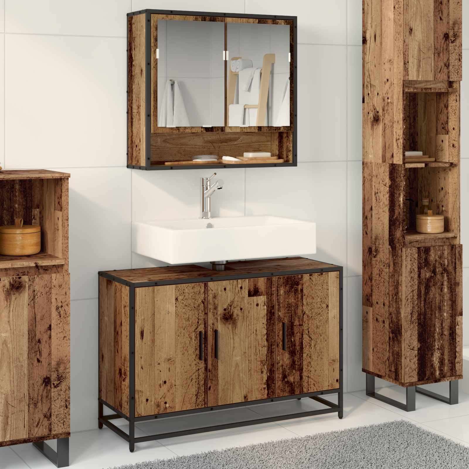 vidaXL Badezimmerschrank mit Tür Altholz 90 x 33 x 60 cm Holzwerkstoff